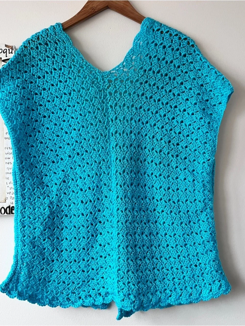 Vintage Hand Crocheted Open Front Turquoise Boho Festival Hippie Vest Size L